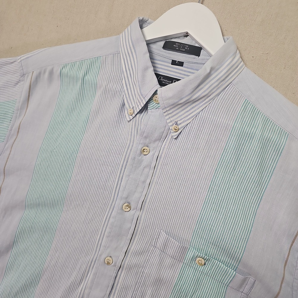 Vintage Christian Dior Monsieur Mens Large Short Sleeve Striped Button-Down READ
